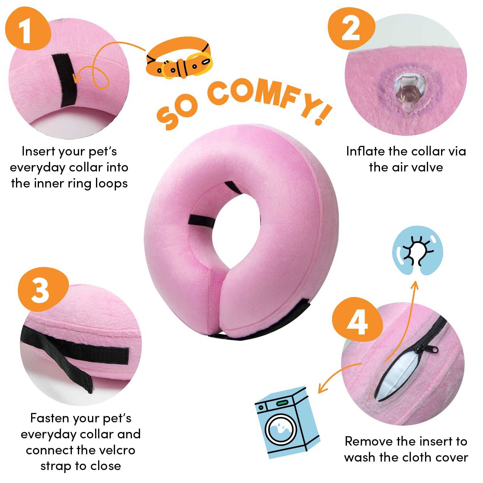 BENCMATE pink donut collar side view shows adjustable strap for secure fit.