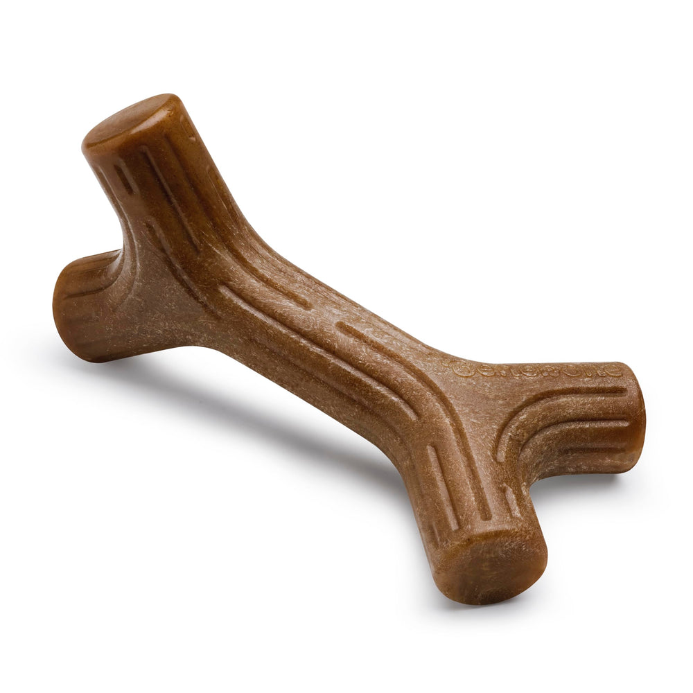 Benebone Bacon Stick chew toy in action with strong grip for tough chewers.