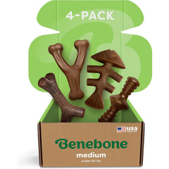 Benebone Medium 4-Pack chews pile shows four durable options for heavy chewers.