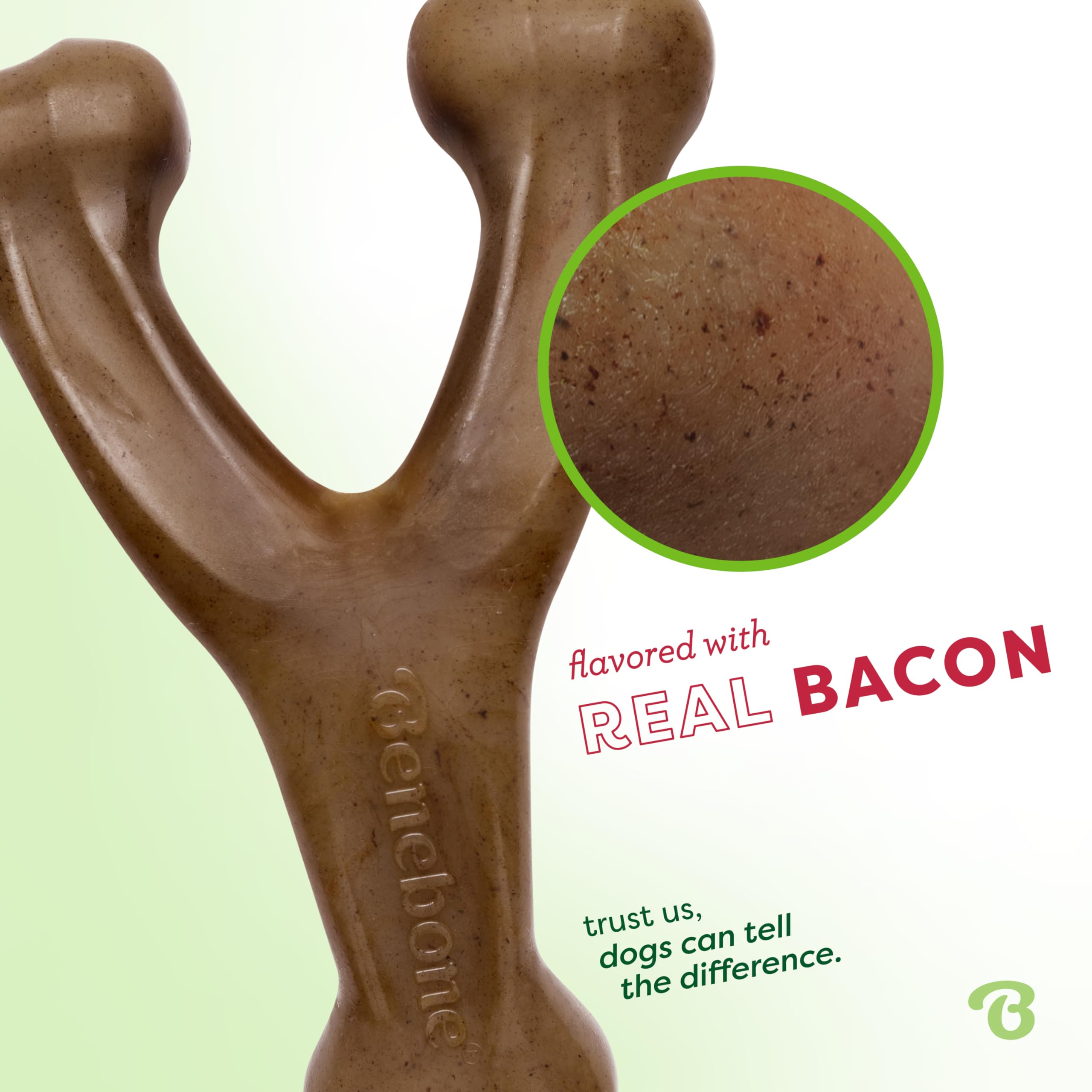Benebone Wishbone con sabor bacon real, atrae al perro durante la masticación.