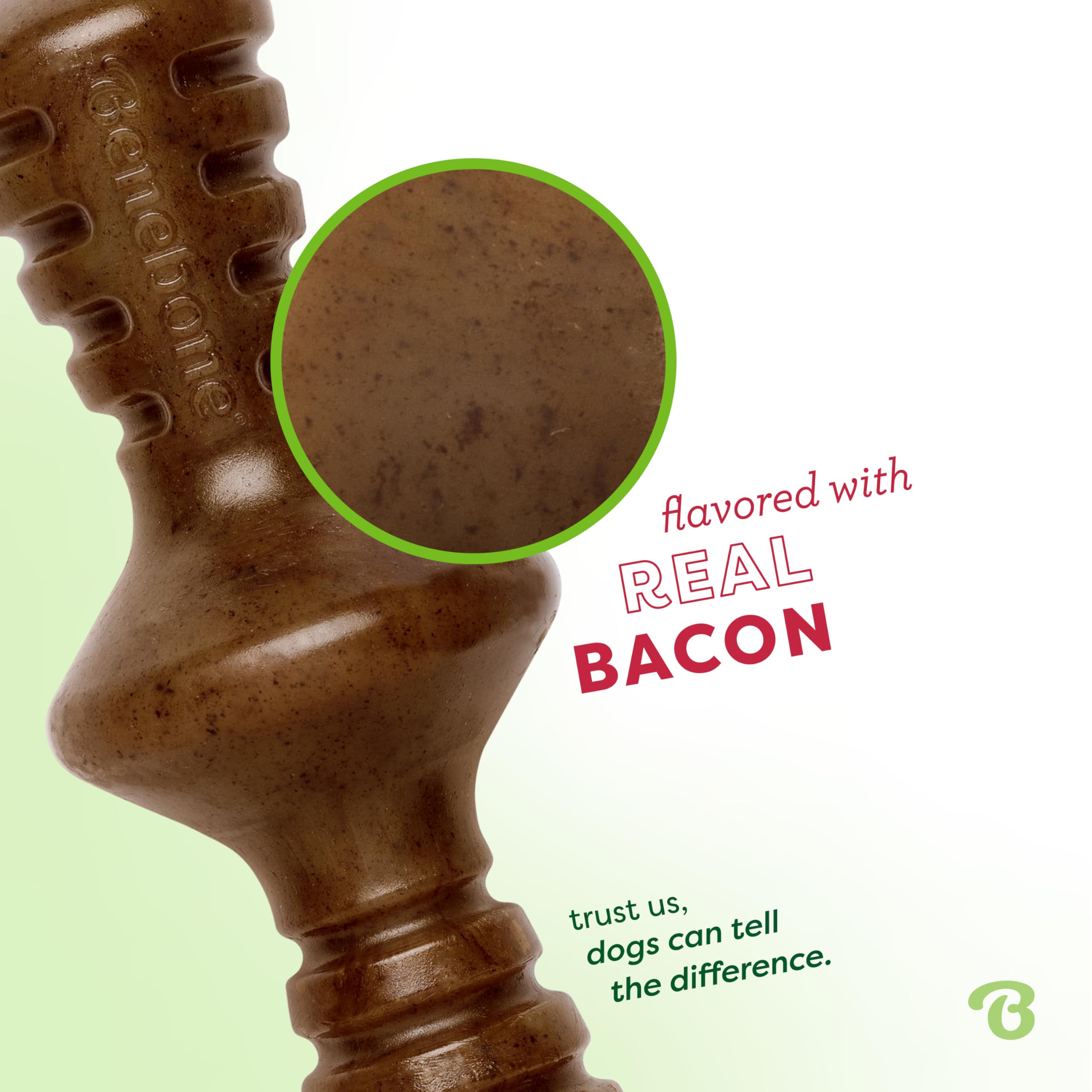 Benebone Zaggler close-up shows real bacon flavor appealing to dogs.