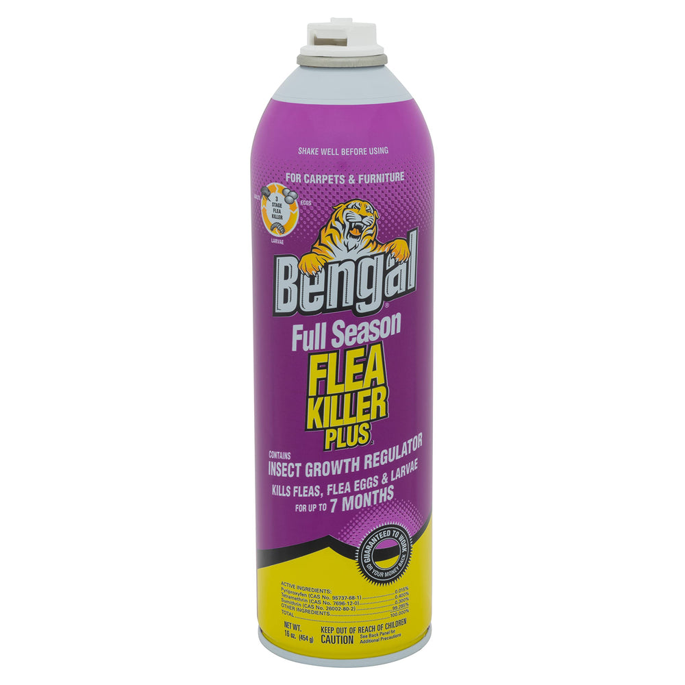 Bengal Full Season Flea Killer Plus aerosol can demonstrates ready-to-use treatment