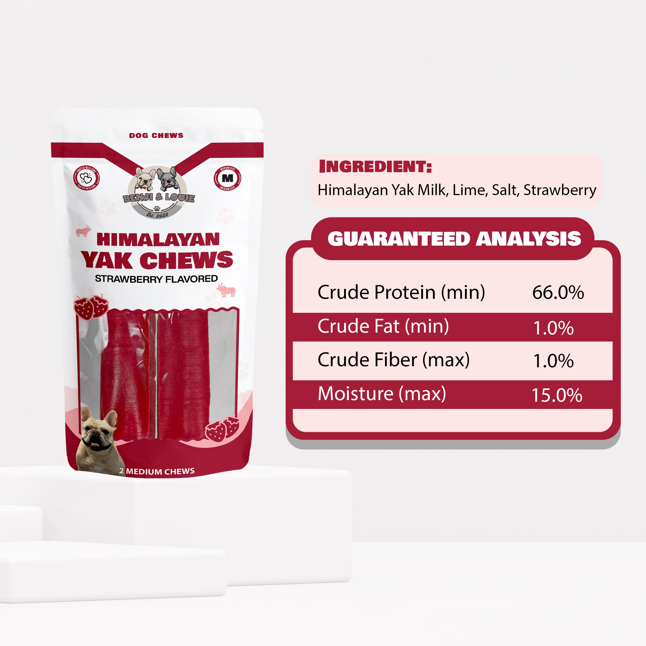 Benji & Louie Yak Chews natural ingredients close-up suggests a protein-rich, calcium source.