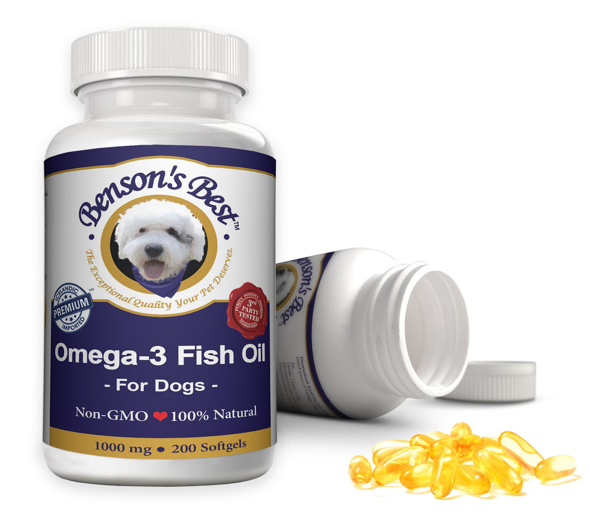 Benson's Best Omega-3 dog bottle close-up showing high potency for joints and coat health.