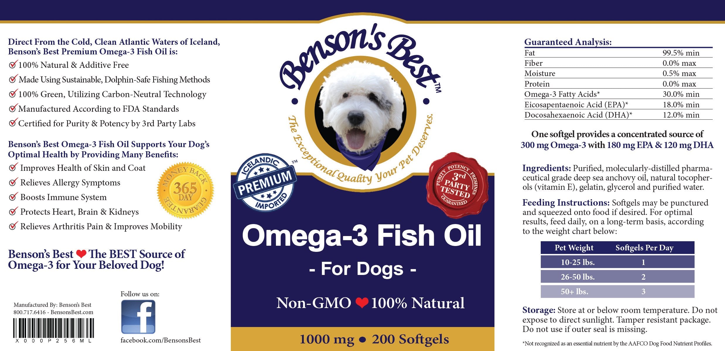 Benson's Best omega-3 dog capsules packaging showing no fishy odor and easy-to-use softgels.