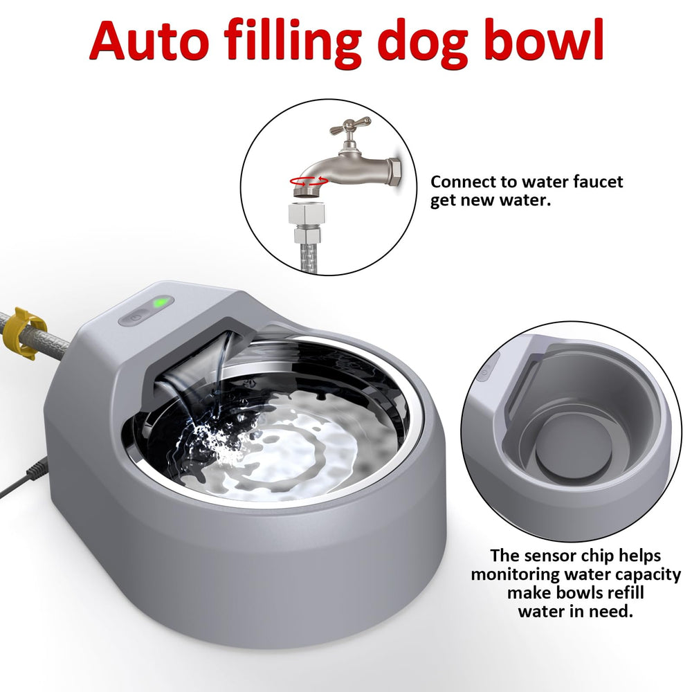 Bentopal dog fountain connected to garden tap for hands-free refilling.