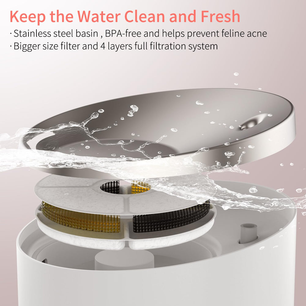 BeQ Cat Water Fountain top view highlights stainless steel surface and clean lines.