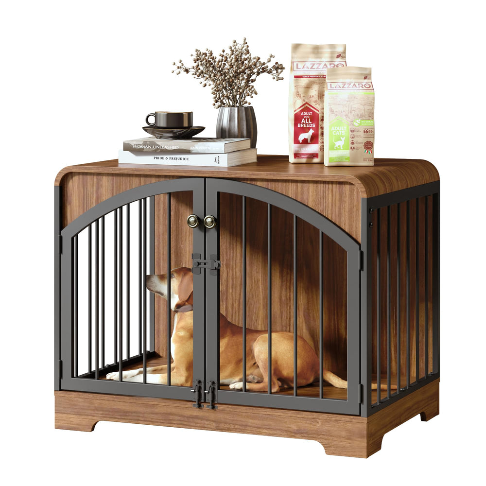 Berenlefe farmhouse dog crate front view shows elegant furniture integration and secure pet space.