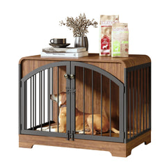Berenlefe farmhouse dog crate front view shows elegant furniture integration and secure pet space.