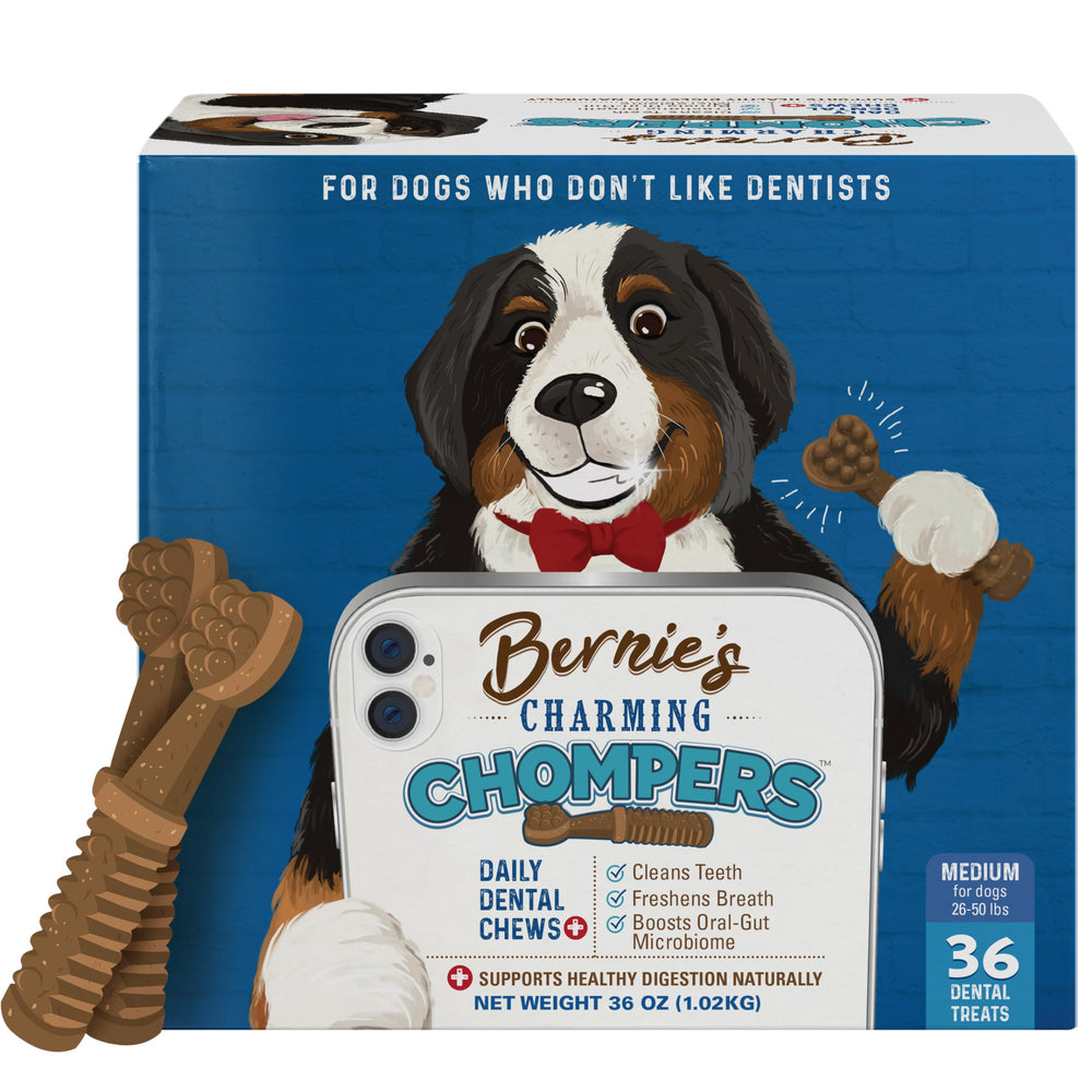 Bernie's Charming Chompers bag closeup—dental chews designed to clean teeth and freshen breath.