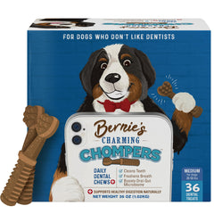 Bernie's Charming Chompers bag closeup—dental chews designed to clean teeth and freshen breath.