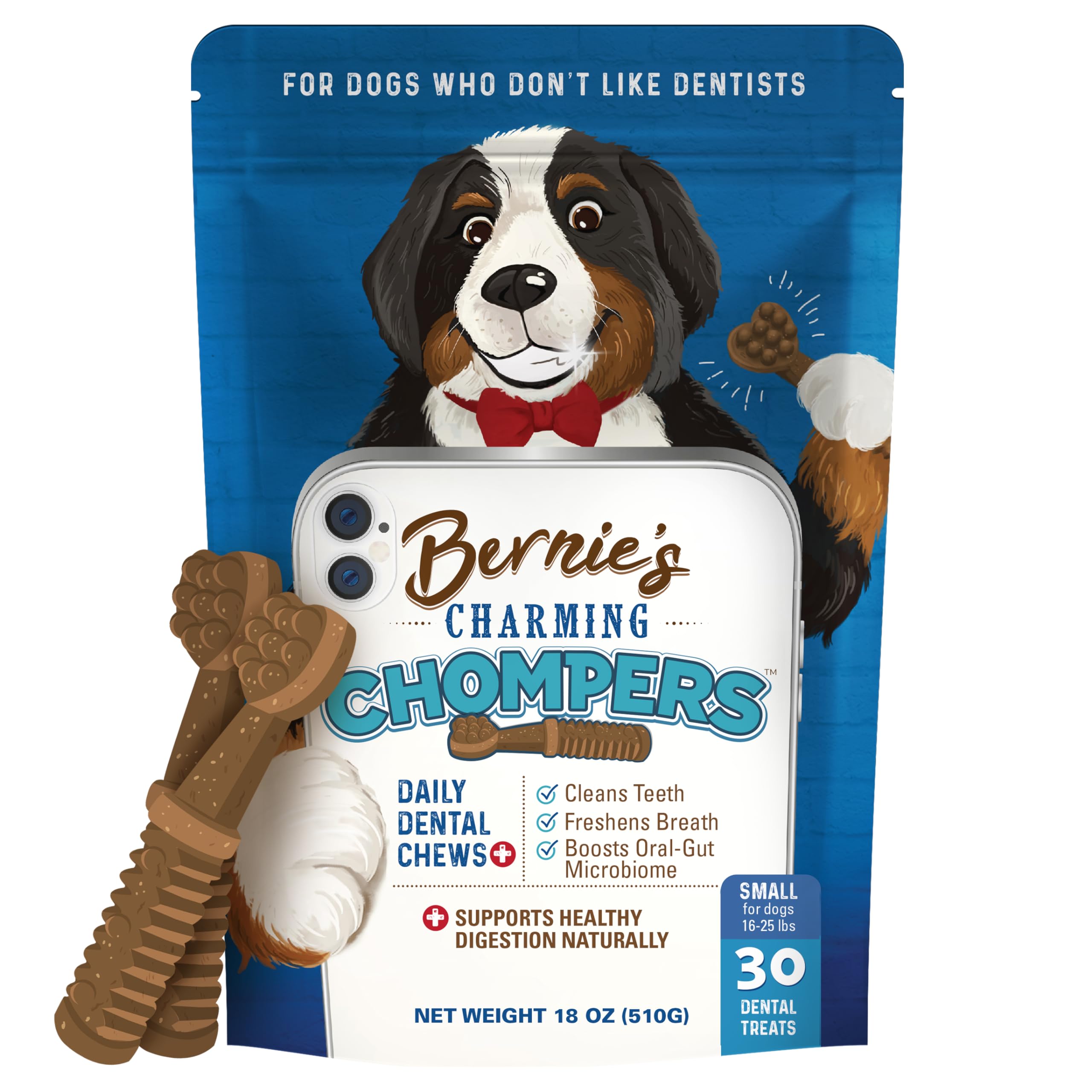 Bernie's Charming Chompers packaging highlights a 30-count box for daily dental care.