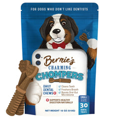 Bernie's Charming Chompers packaging highlights a 30-count box for daily dental care.