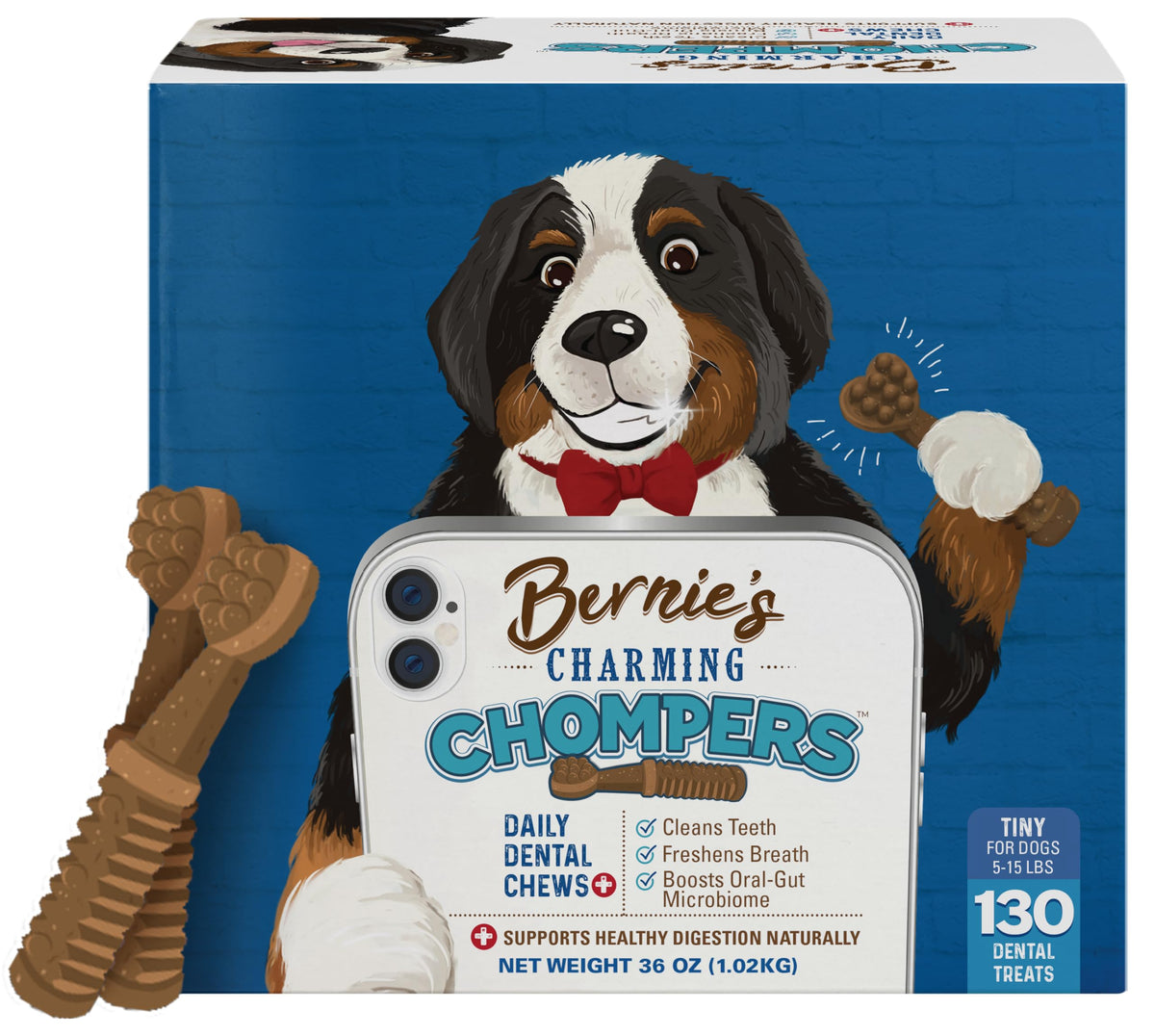 Bernie's Charming Chompers packaging closeup showcases fresh breath benefits.