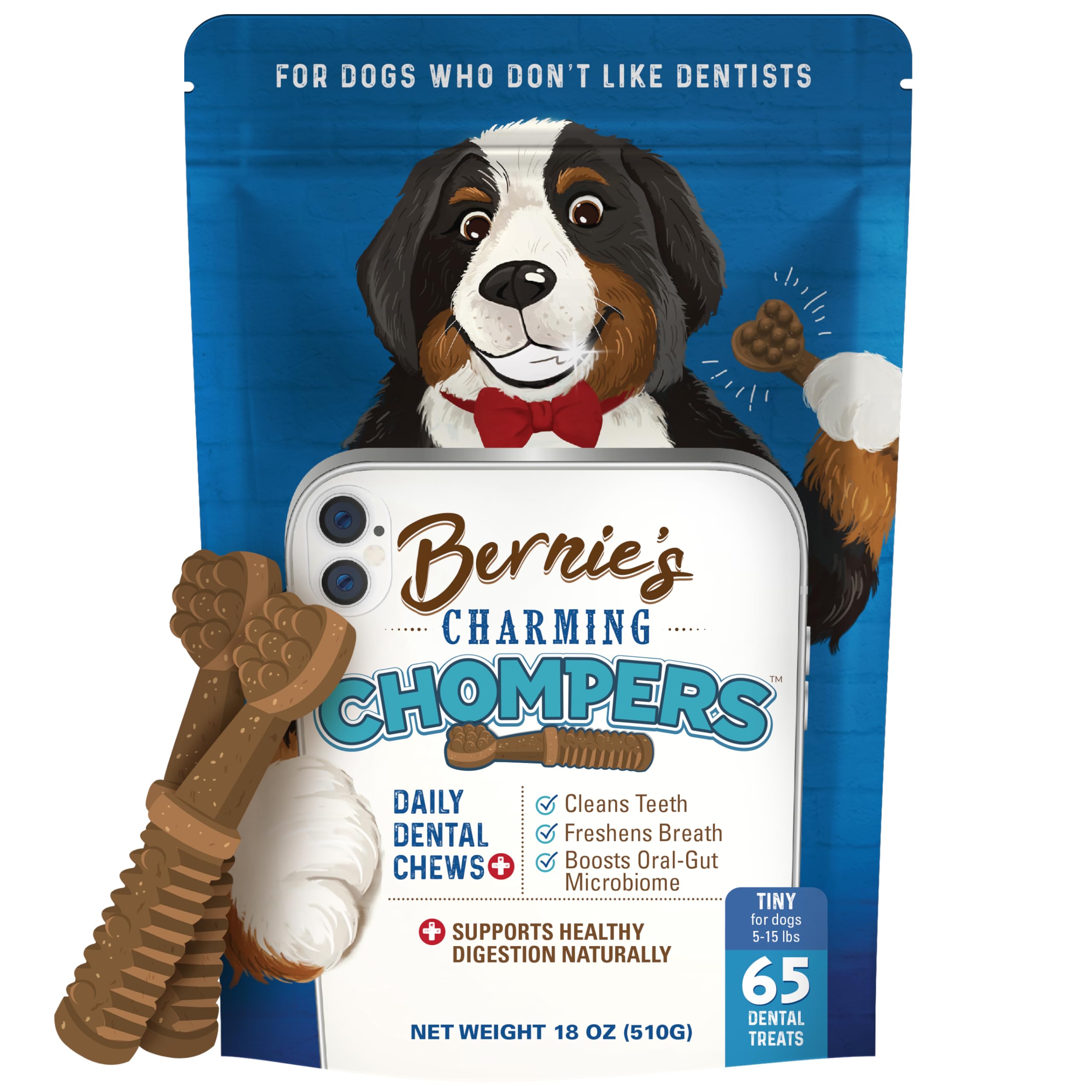 Bernie's Charming Chompers packaging front showing all-natural dental chews for fresh breath support