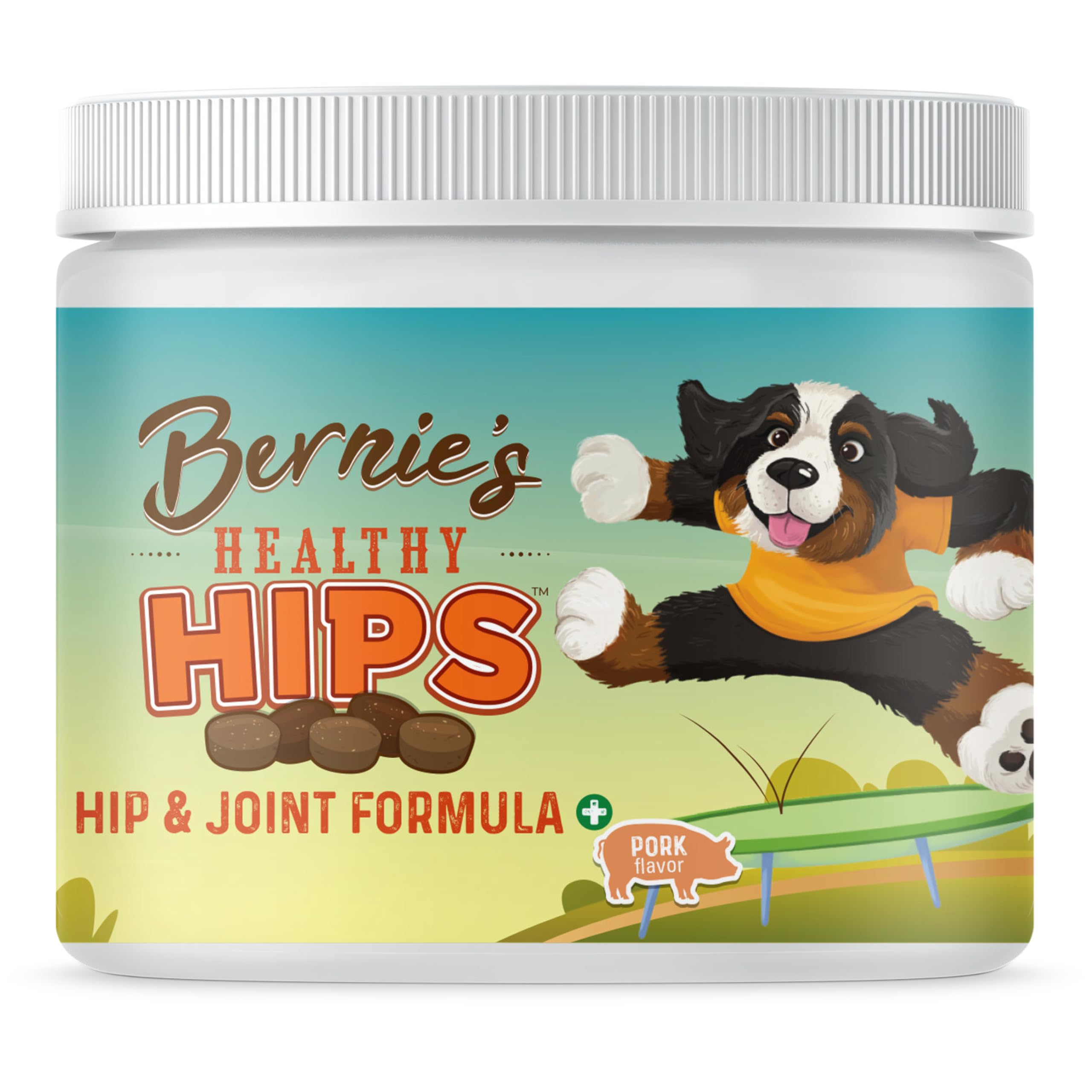 Bernie's Healthy HIPS soft chews tub for daily joint support.