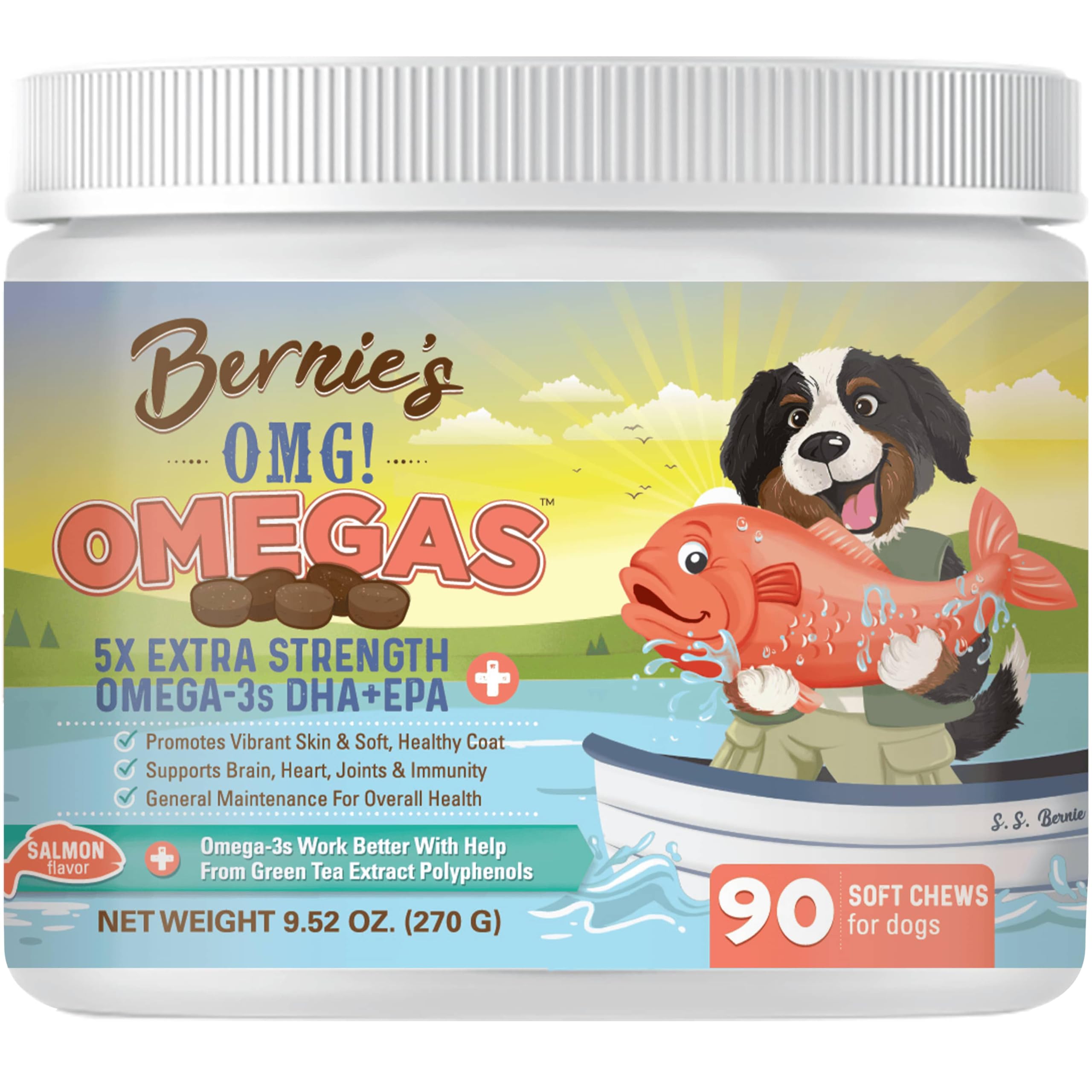Bernie's OMG Omegas Chews salmon flavor bottle shows tasty support for skin and coat