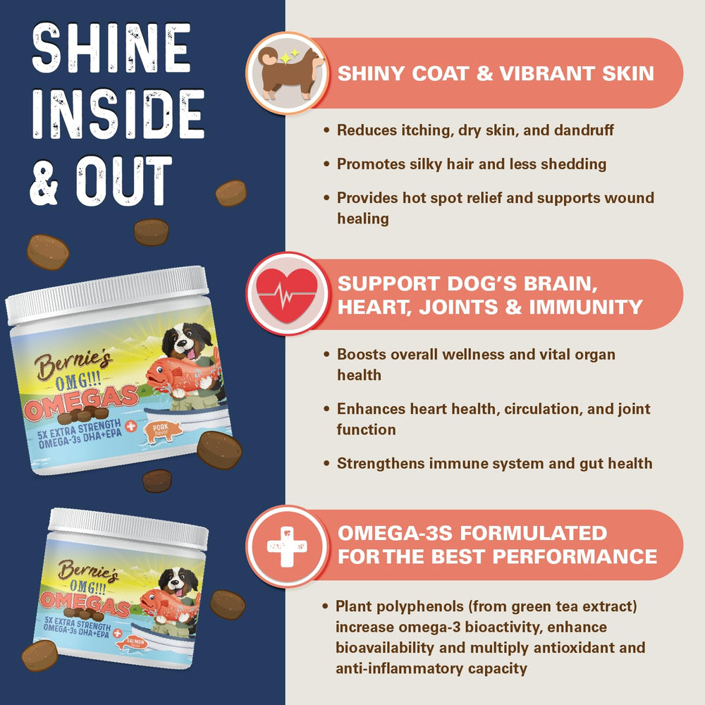Bernie's OMG Omegas Chews served in dish for easy daily use