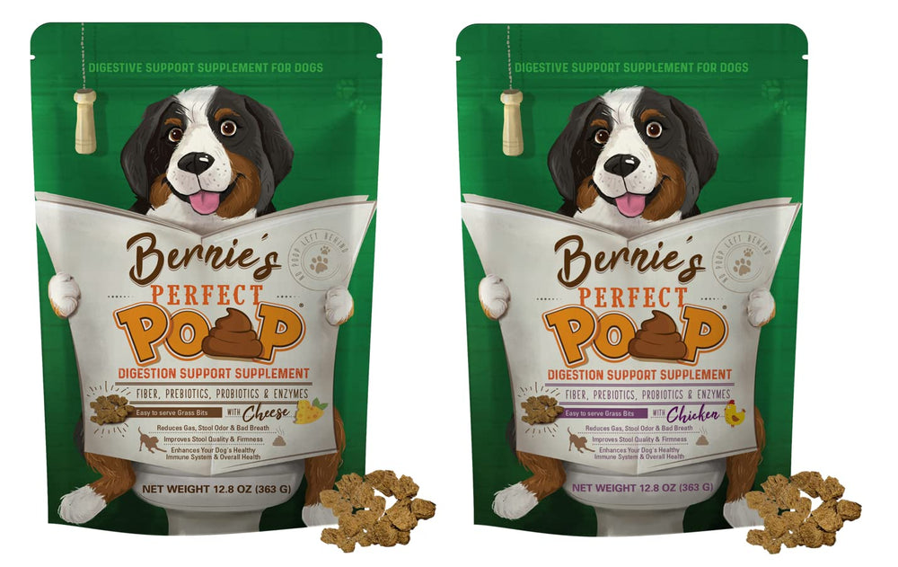 Bernie's Perfect Poop bag cheddar pour demonstrates fiber-rich formula supporting gentle canine digestion.