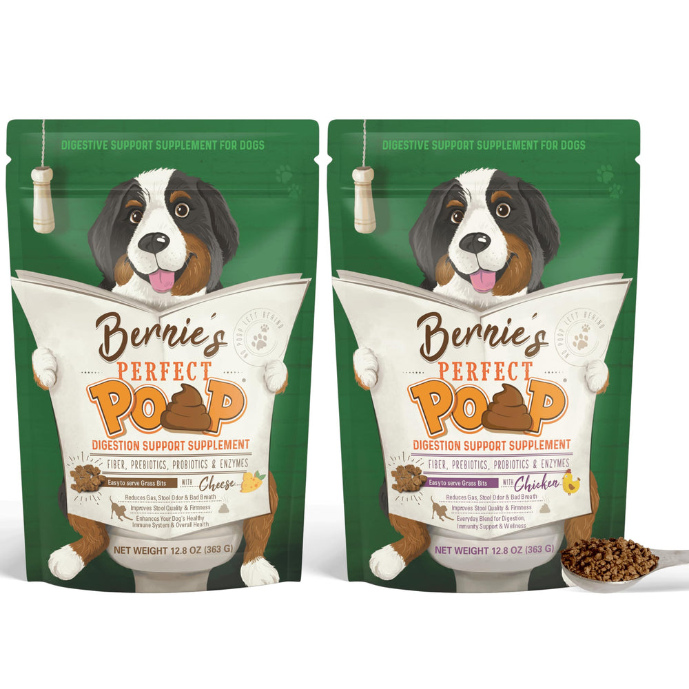 Bernie's Perfect Poop: botella de queso cheddar para apoyar la digestión y el bienestar de tu perro.