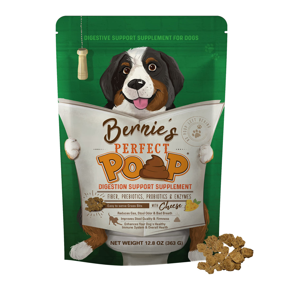 Bernie's Perfect Poop bottle front shows packaging for gut support and daily wellness.