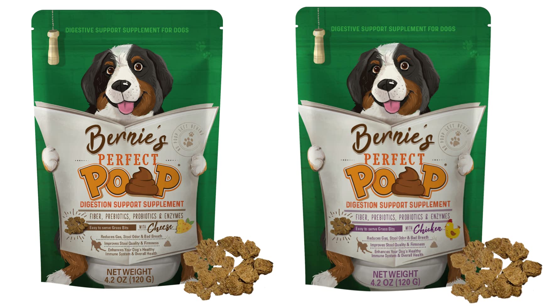 Bernie's Perfect Poop bottle pour demonstrates easy daily serving for canine digestion support