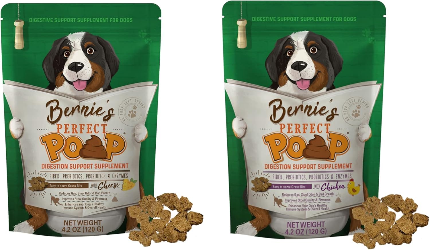 Bernie's Perfect Poop bottle pour demonstrates easy daily serving for canine digestion support