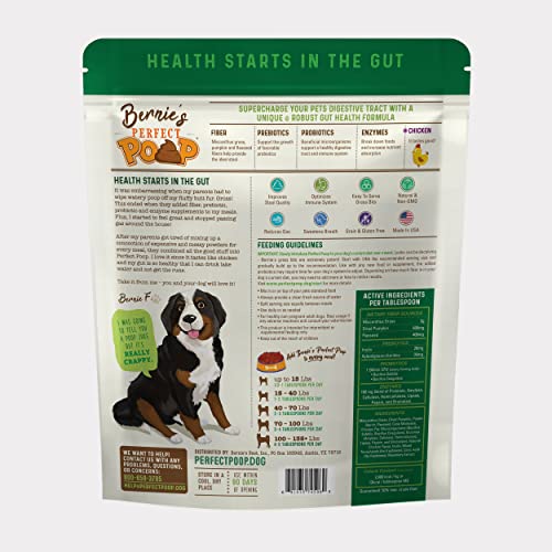 Bernie's Perfect Poop in a dog bowl mixed into kibble for regular stools.