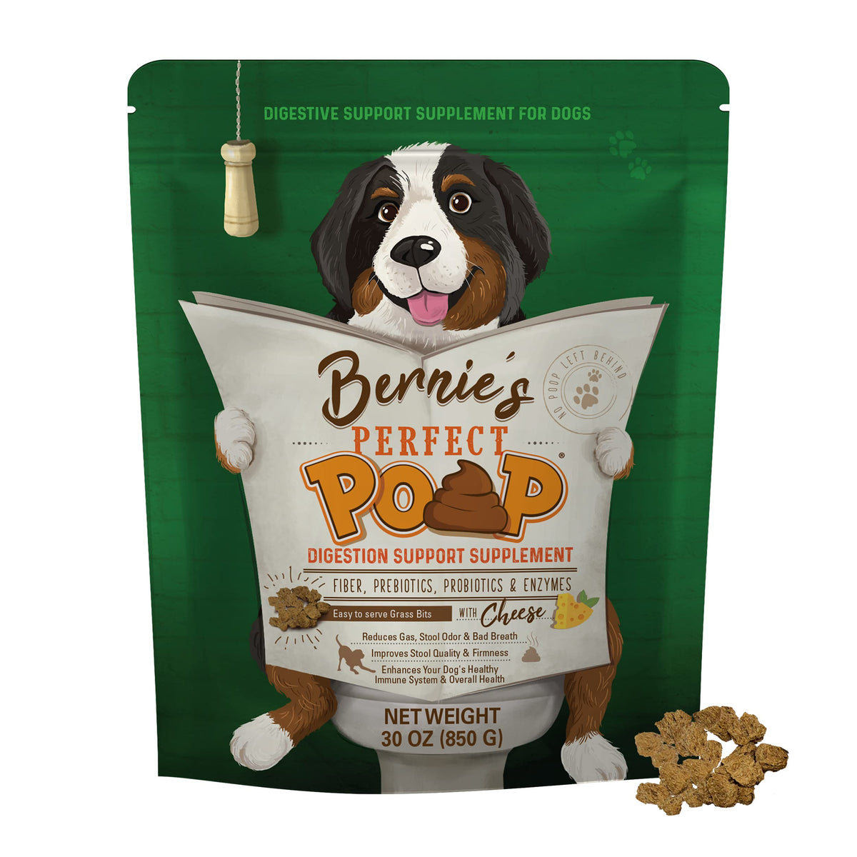Bernie's Perfect Poop bottle on the counter shows convenient gut support for dogs.