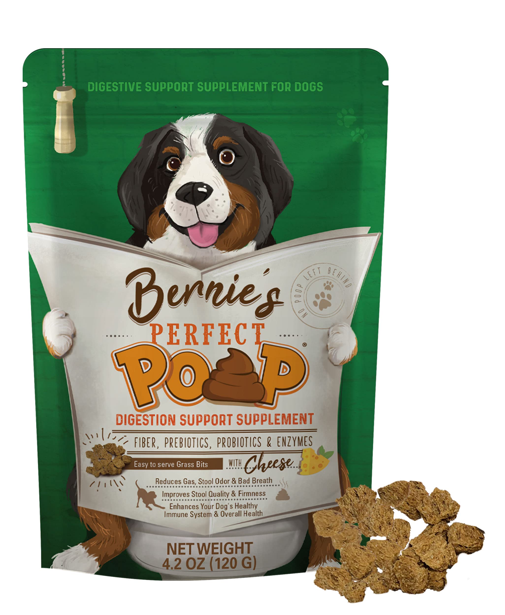 Bernie's Perfect Poop cheddar cheese flavor bottle shows digestion support and gut comfort