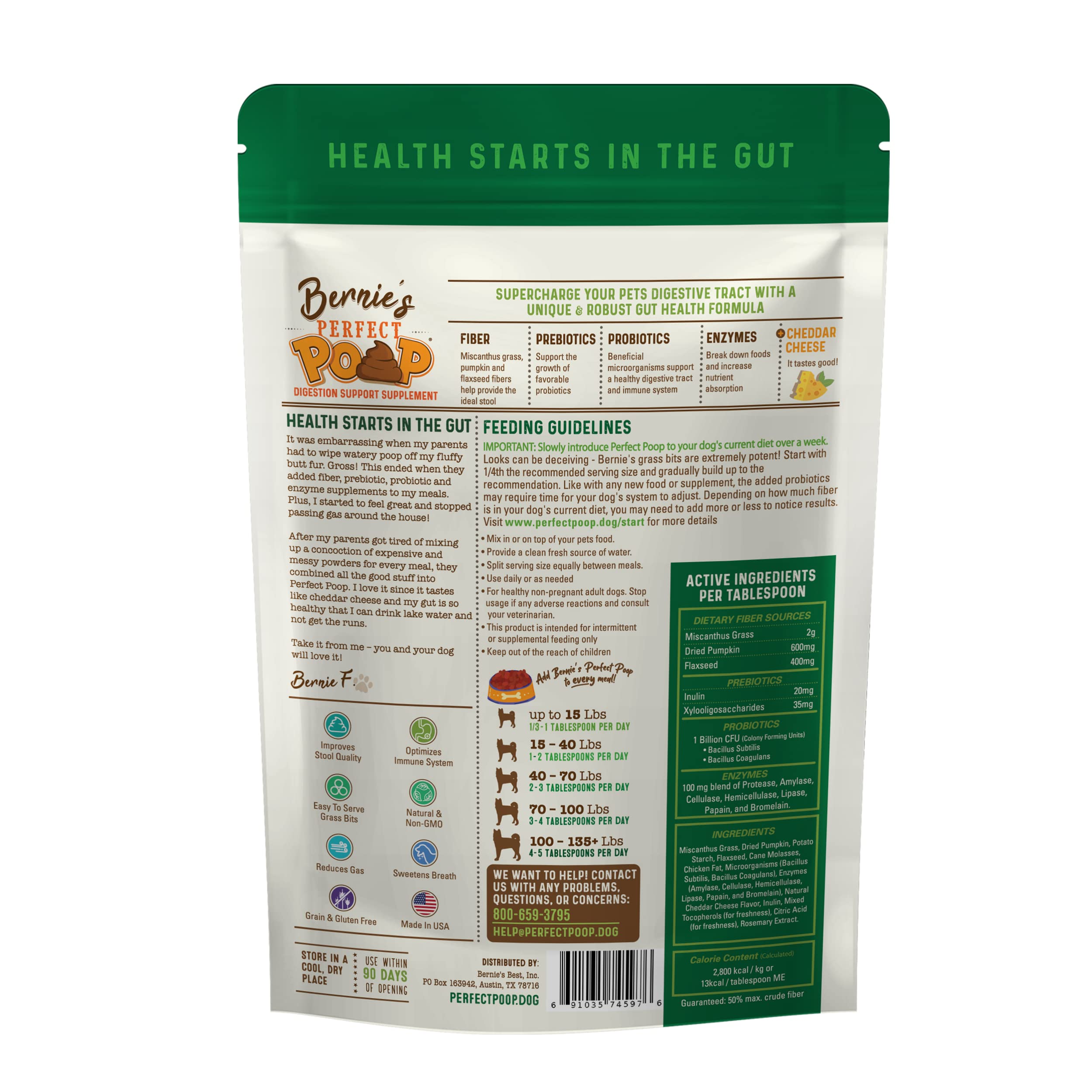 Bernie's Perfect Poop grass bits highlight natural fiber aiding stool consistency