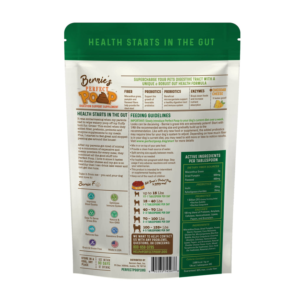Bernie's Perfect Poop grass bits highlight natural fiber aiding stool consistency