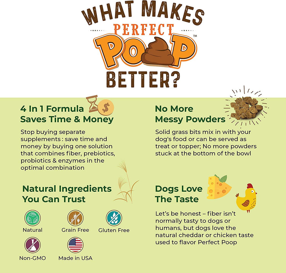 Bernie's Perfect Poop ingredients label highlights fiber, prebiotics, and probiotics.