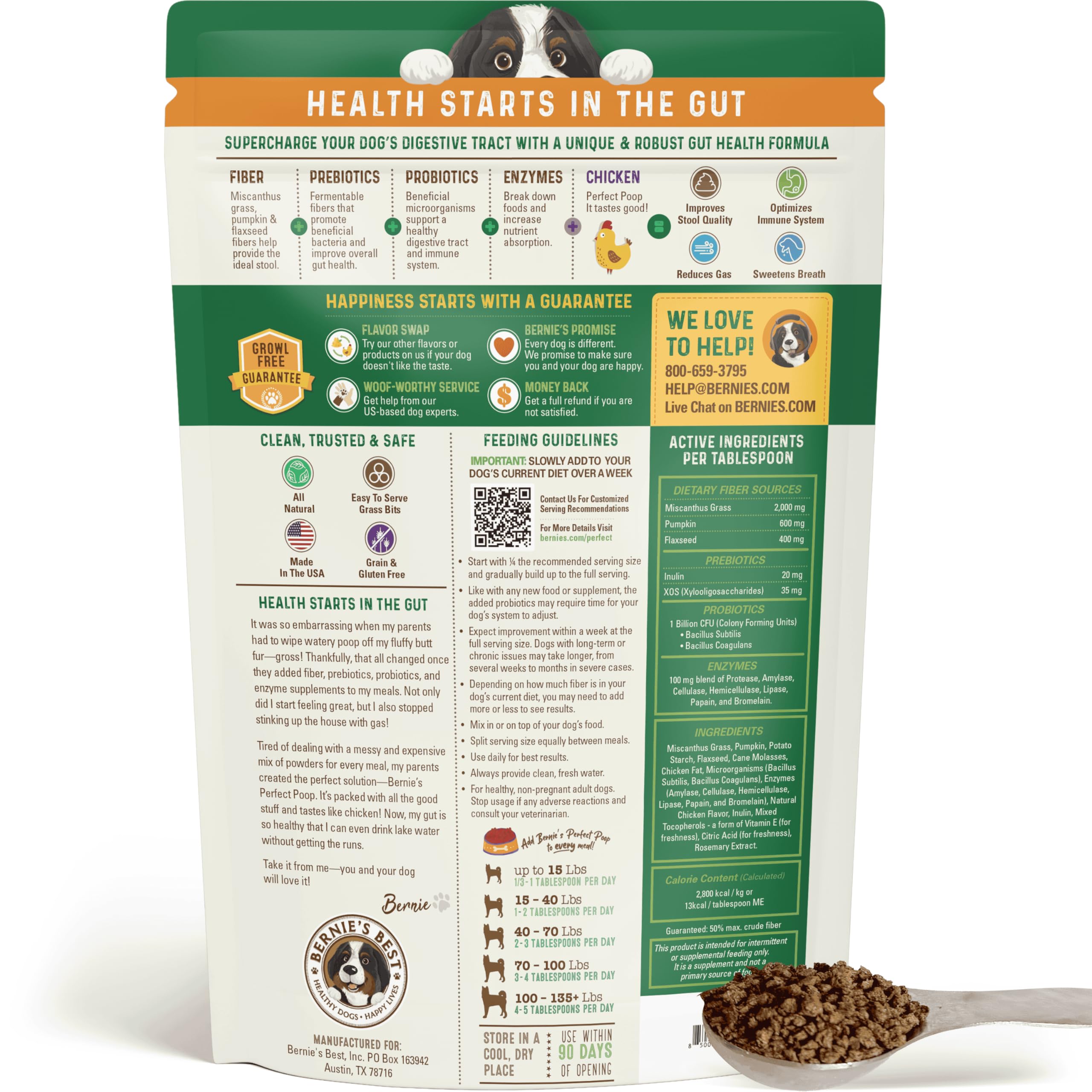 Bernies Perfect Poop prebiotics-probiotics-enzymes blend labeled on container