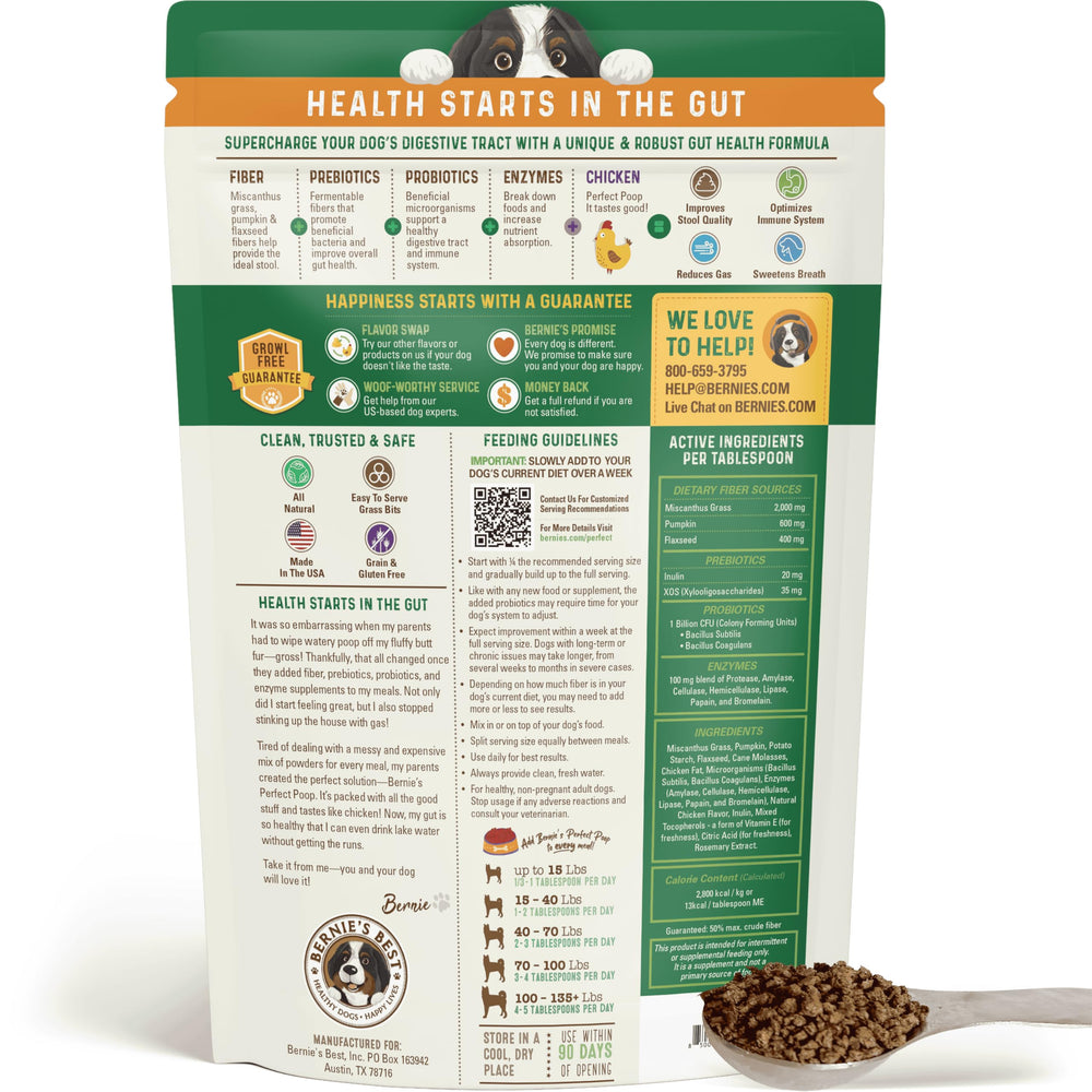 Bernies Perfect Poop prebiotics-probiotics-enzymes blend labeled on container