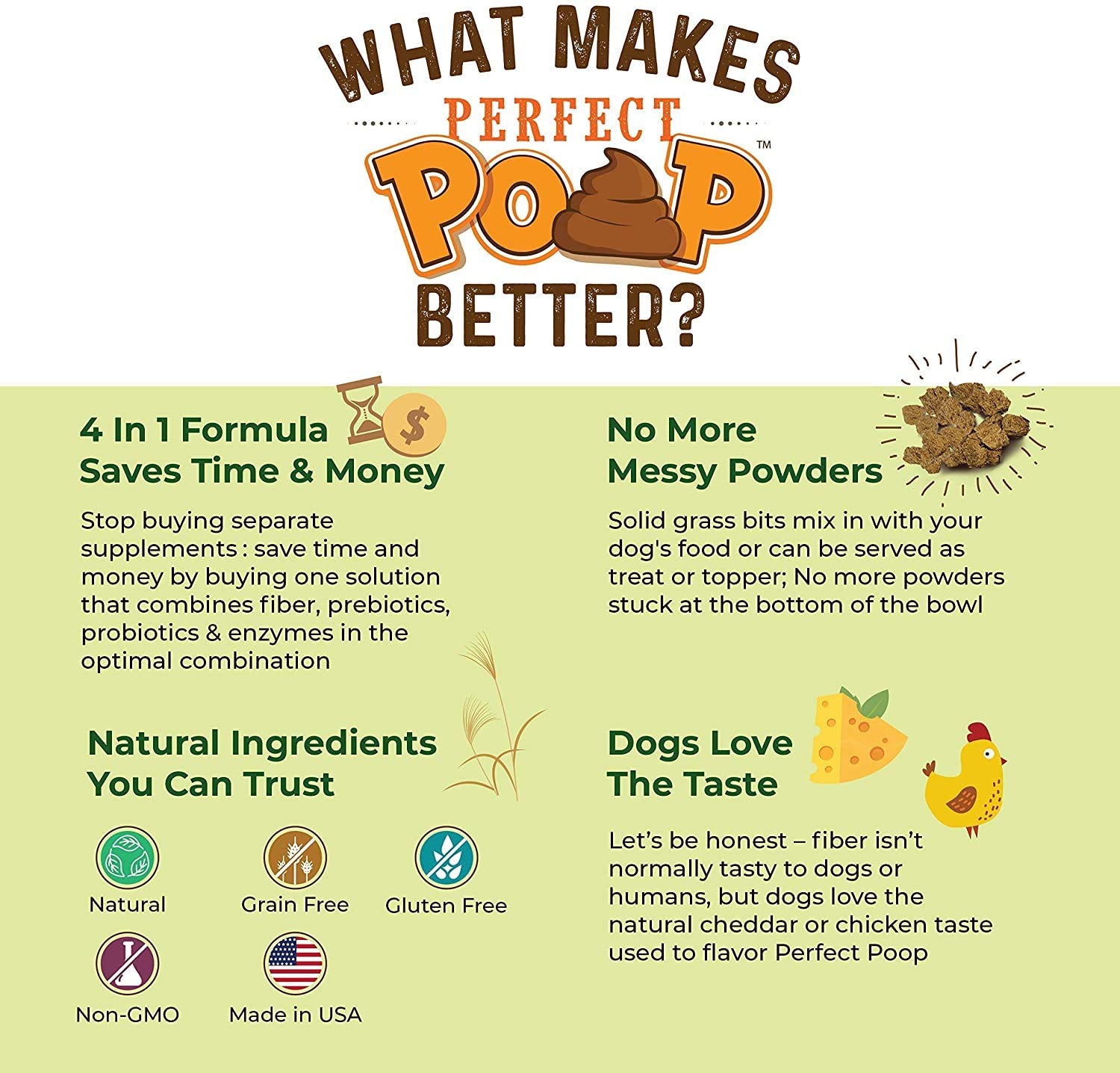 Bernie's Perfect Poop probiotics Bacillus subtilis and Bacillus coagulans in view suggest gut flora support.