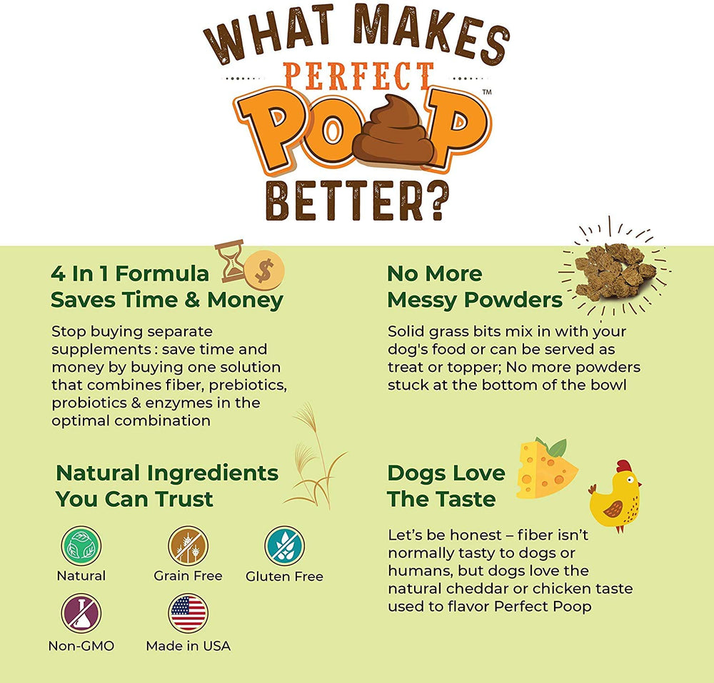 Bernie's Perfect Poop probiotics Bacillus subtilis and Bacillus coagulans in view suggest gut flora support.