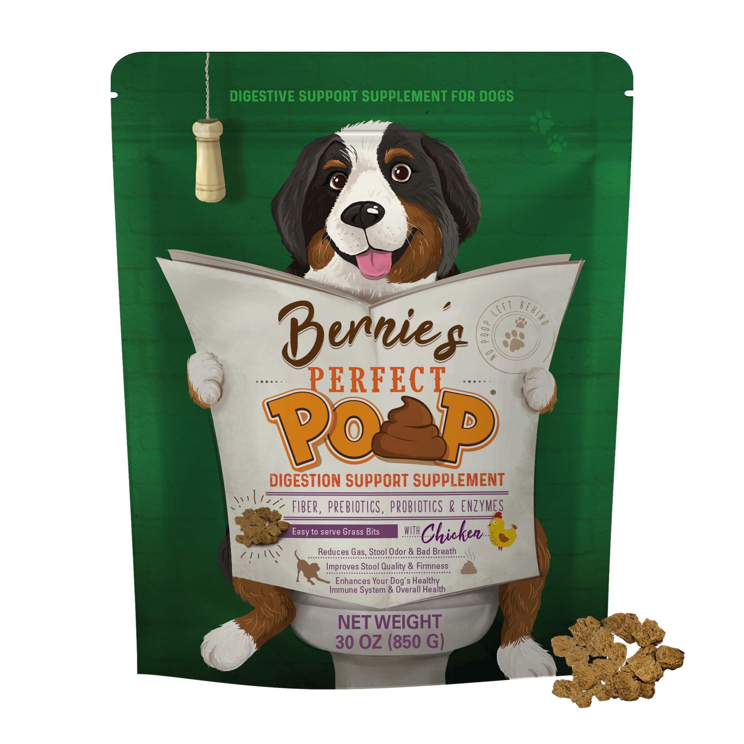 Bernie's Perfect Poop tub pour shows a fiber-rich mix for gut support.