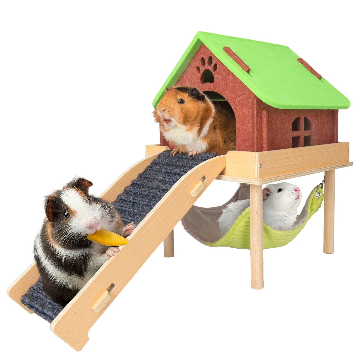BESNEW 3-in-1 guinea pig hammock showing space-saving design for play and rest.