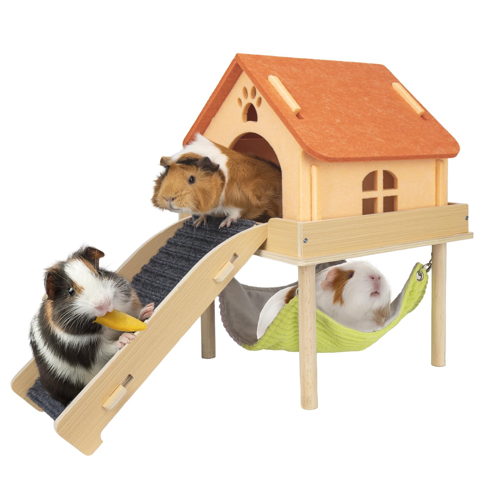 Besnew 3-in-1 guinea pig hammock platform with house for nesting and play.