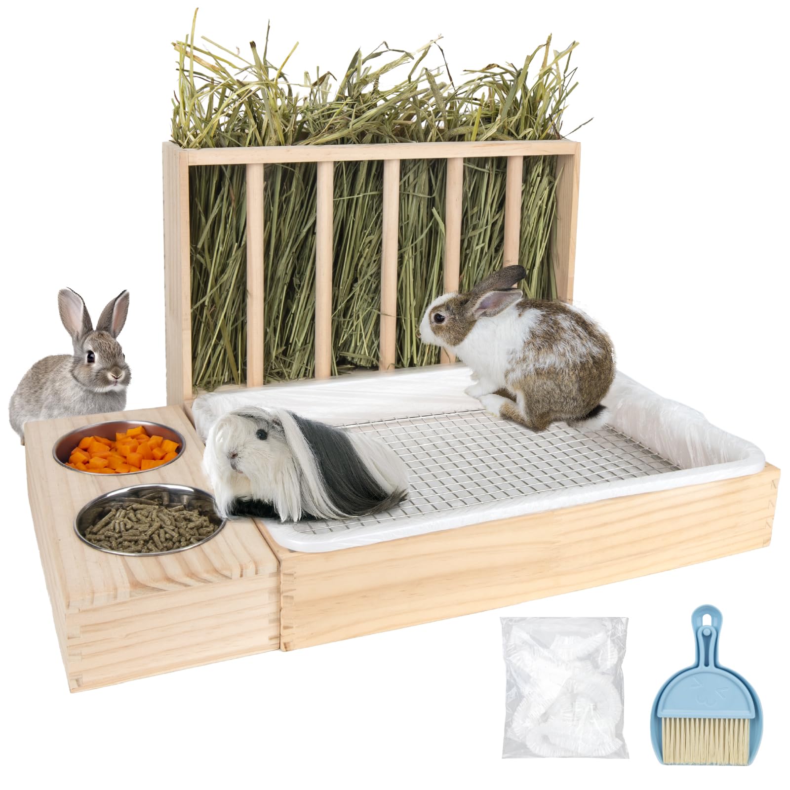 BESNEW 3-in-1 rabbit hay feeder assembly provides compact feeding for small pets.