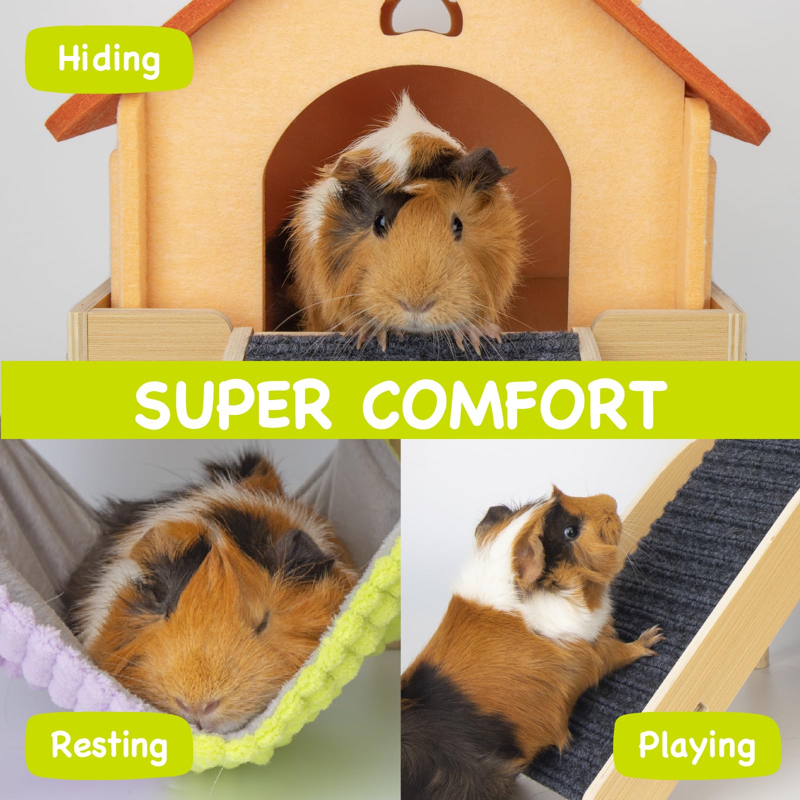 Besnew wooden guinea pig house with guardrails for safe retreat.
