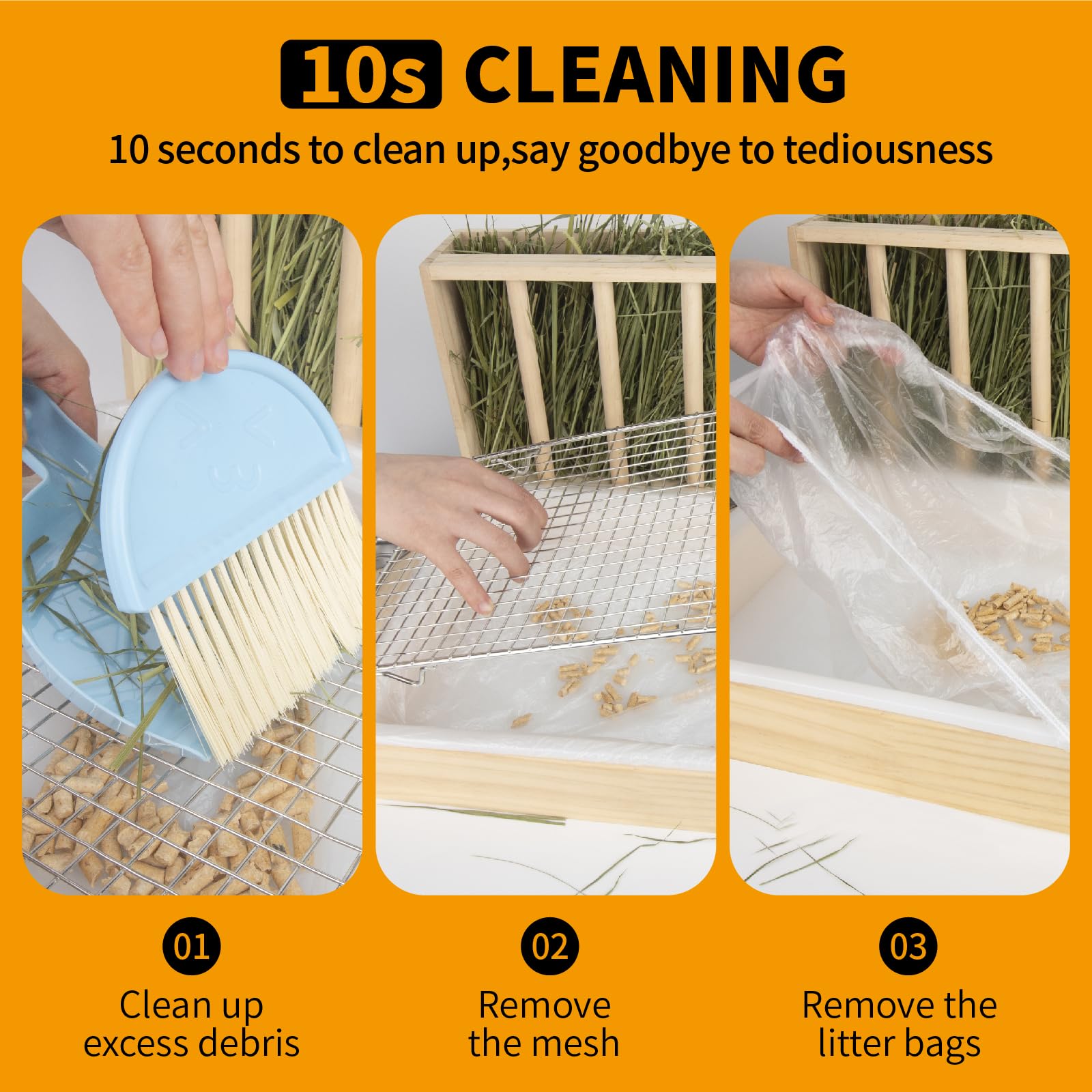 BESNEW litter box trash-bag kit with dustpan illustrates quick-clean setup.