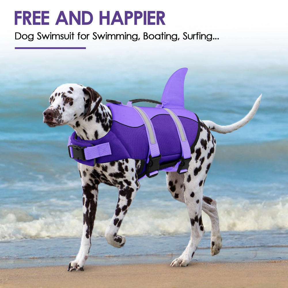 Bess Bridal shark life vest quick-release buckles simplify on/off during dog outings.
