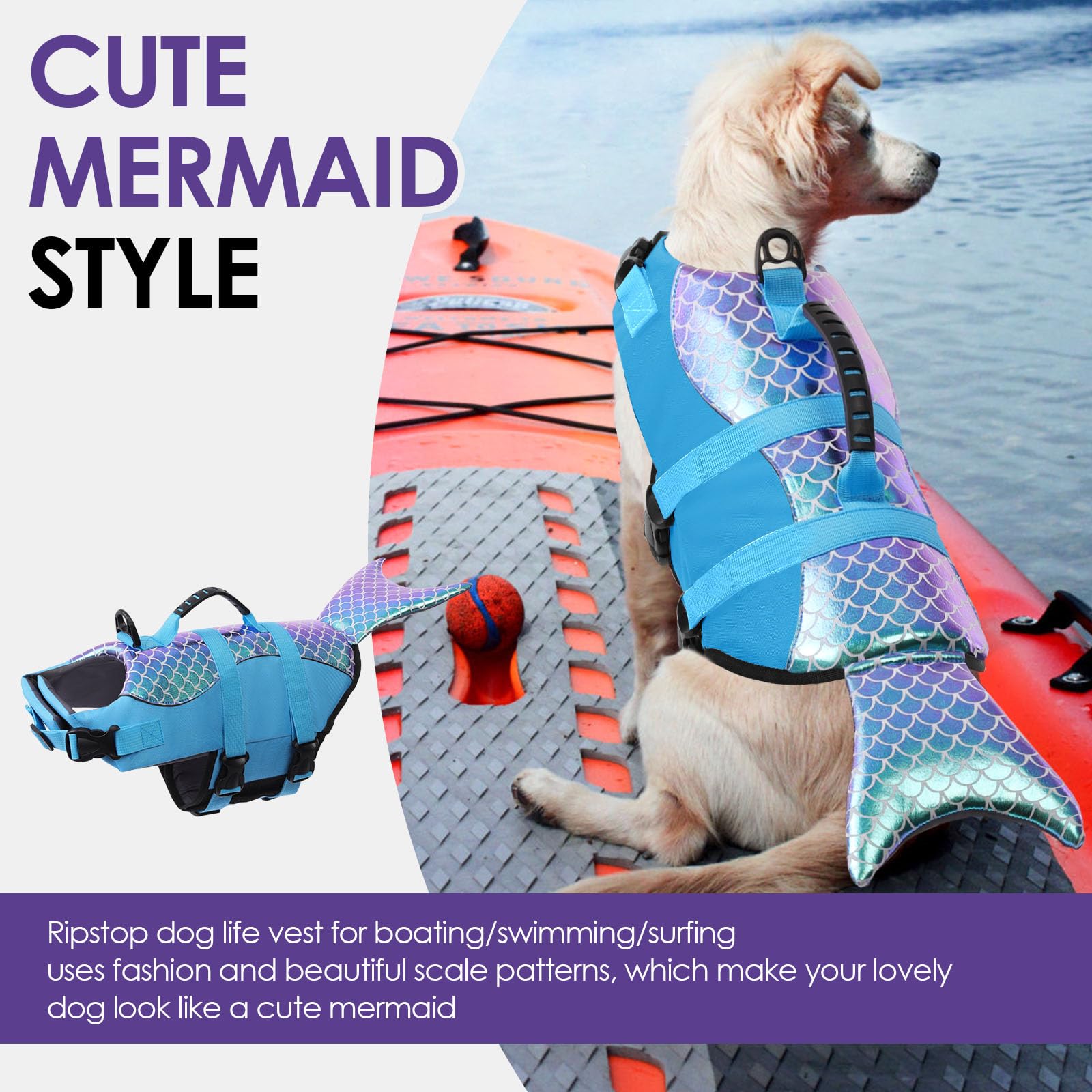 Bess Bridal dog life jacket with rescue handle aids lifting from water.
