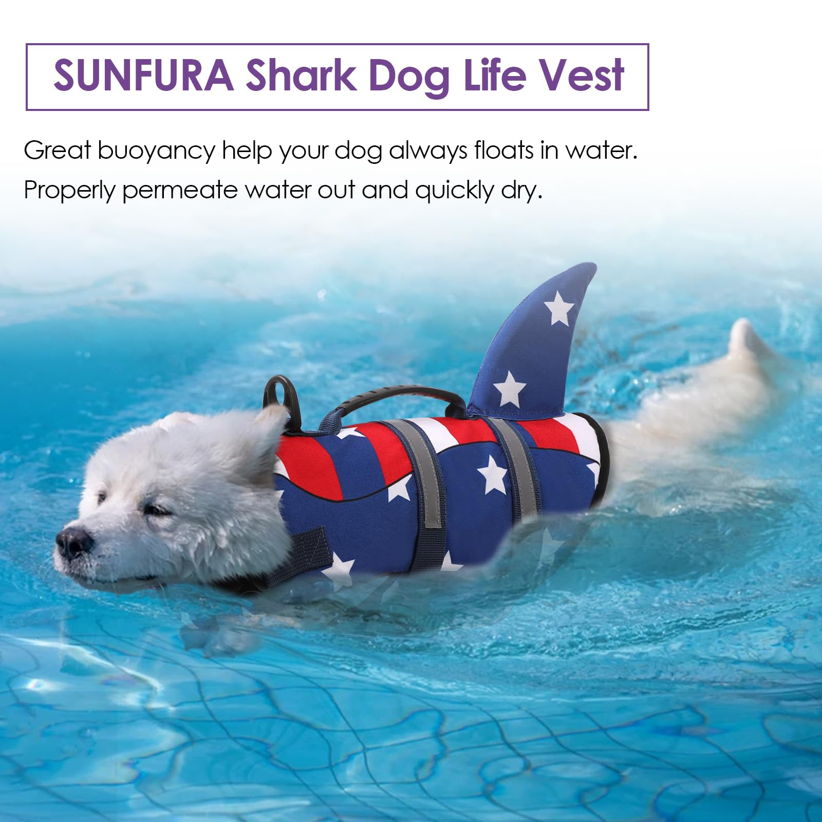 Bess Bridal dog life jacket USA flag design adds patriotic flair during boating.