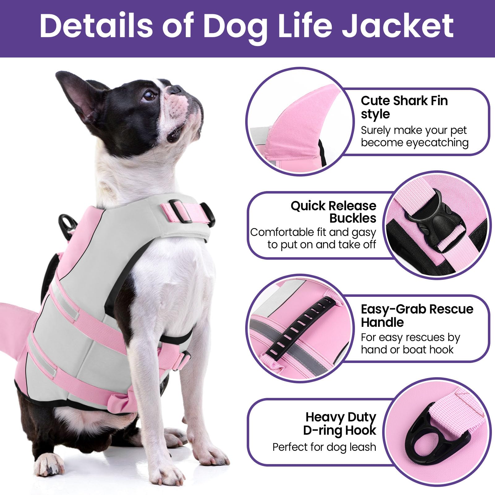 Bess Bridal pink shark dog life jacket worn during boating combines flotation and style.