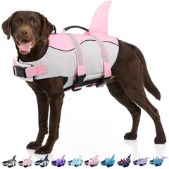 Bess Bridal shark life jacket on a dog provides buoyant support for water play.