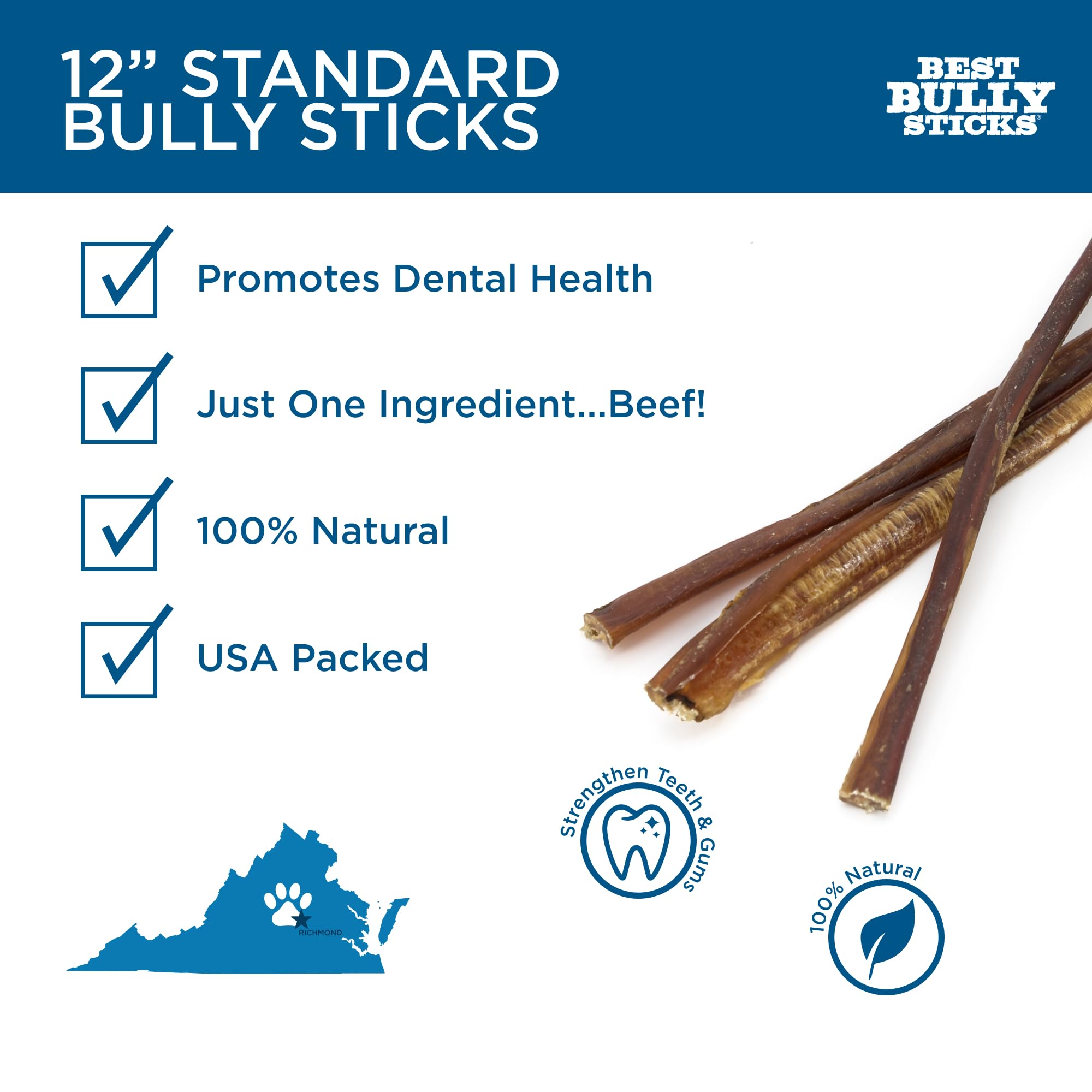 Best Bully Sticks 12inch grass-fed beef image shows natural, wholesome chew.
