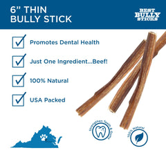 Best Bully Sticks 6-inch Thin Sticks close-up emphasizes grain-free, single-ingredient beef chew.